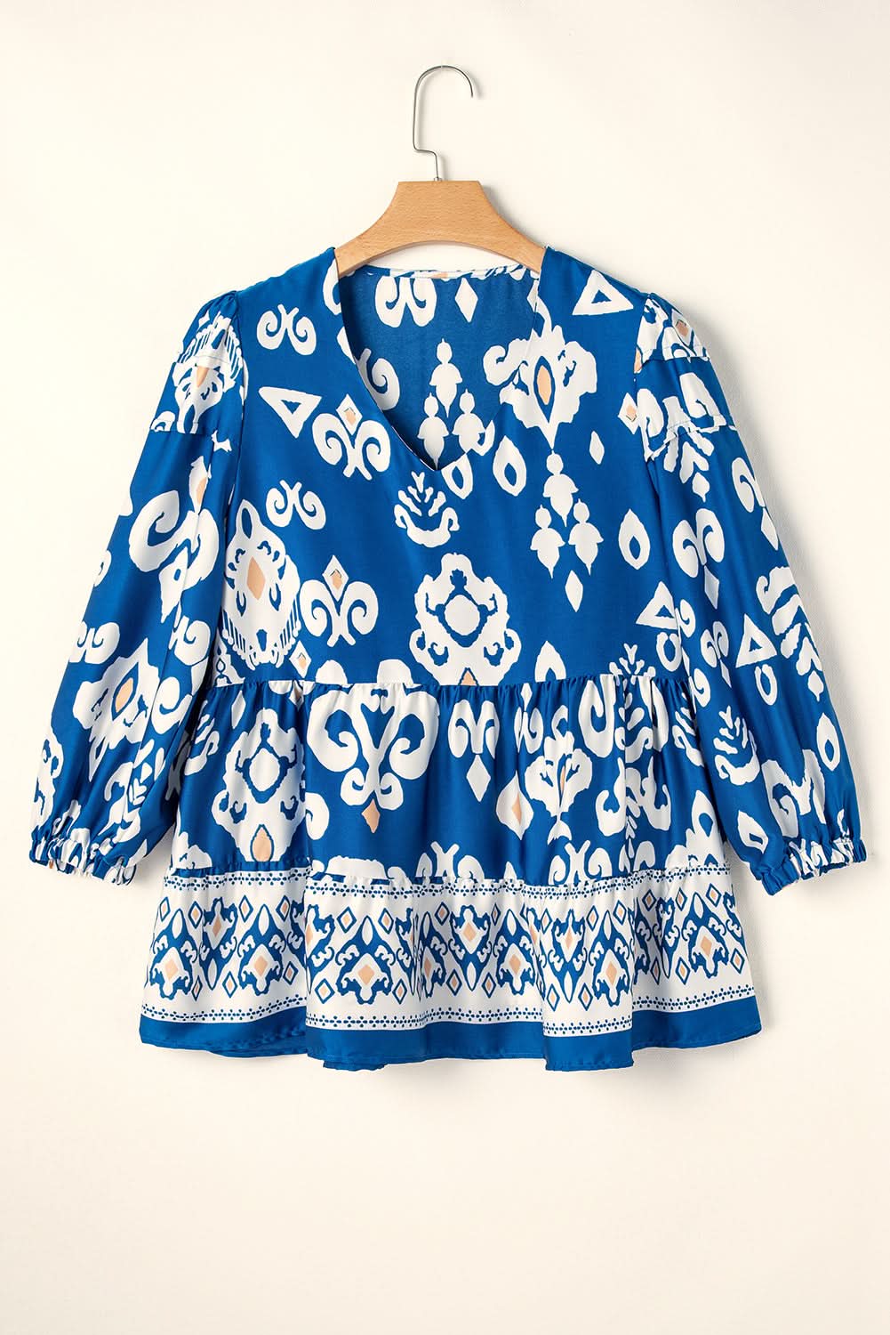 Blue Tribal Geometric Print 3/4 Sleeve Flowy Fit Blouse - Love Salve